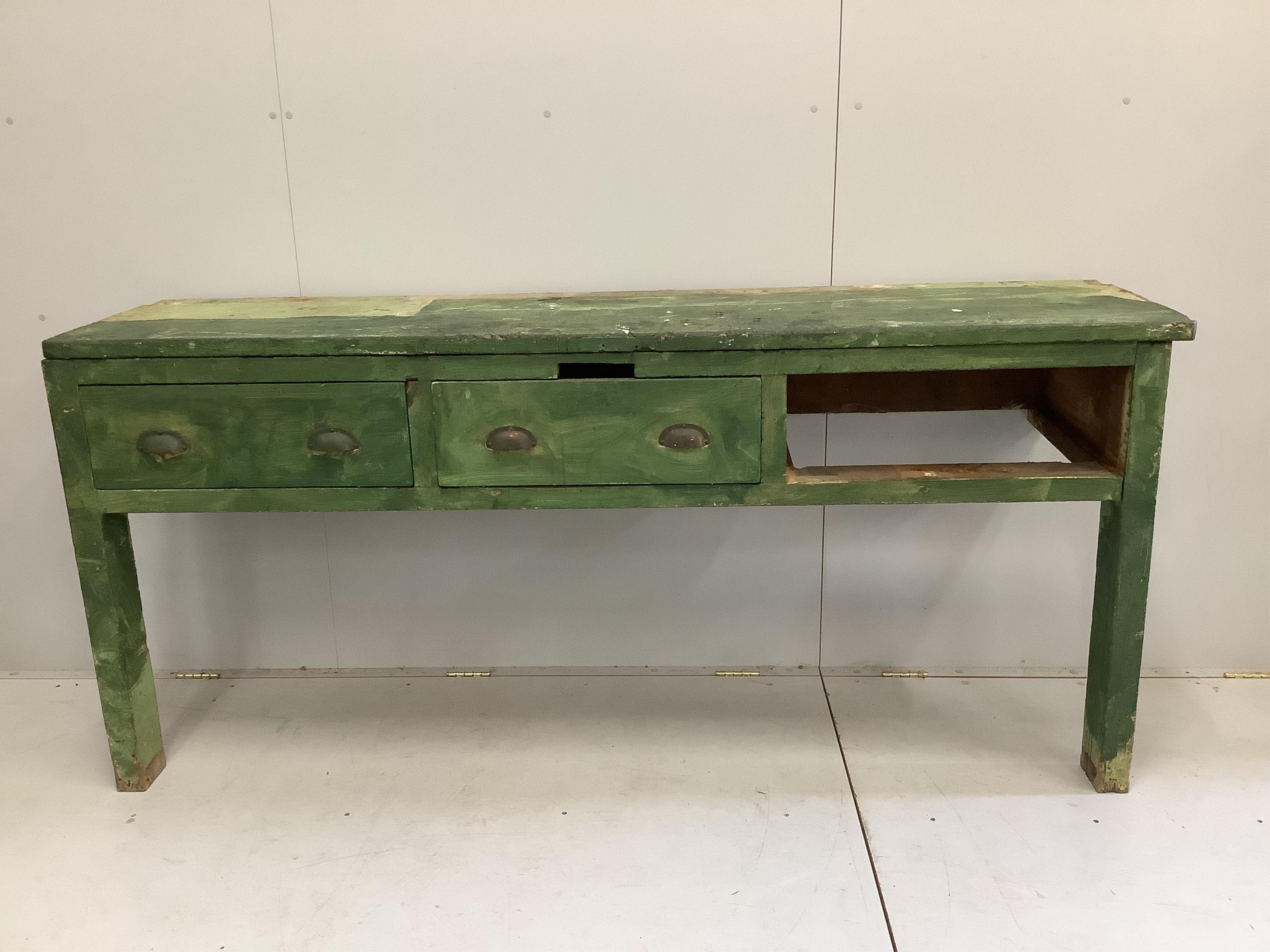 A Victorian green painted pine dresser base, width 209cm, height 96cm. Condition - poor, one drawer missing